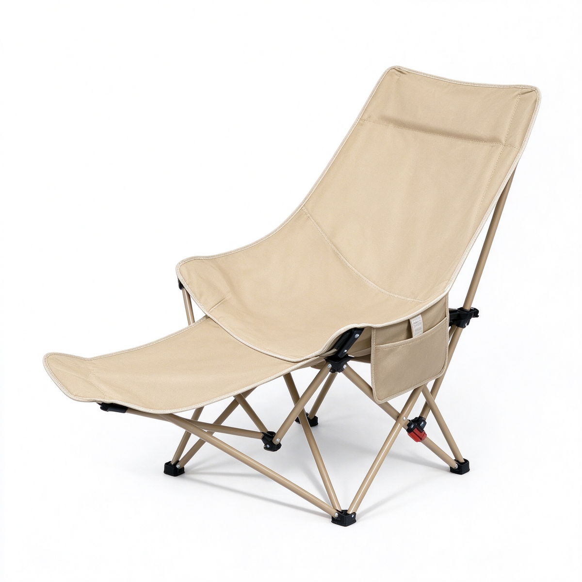 Foldable camping recliner chair in beige with detachable footrest, side storage pocket, and carbon steel frame
