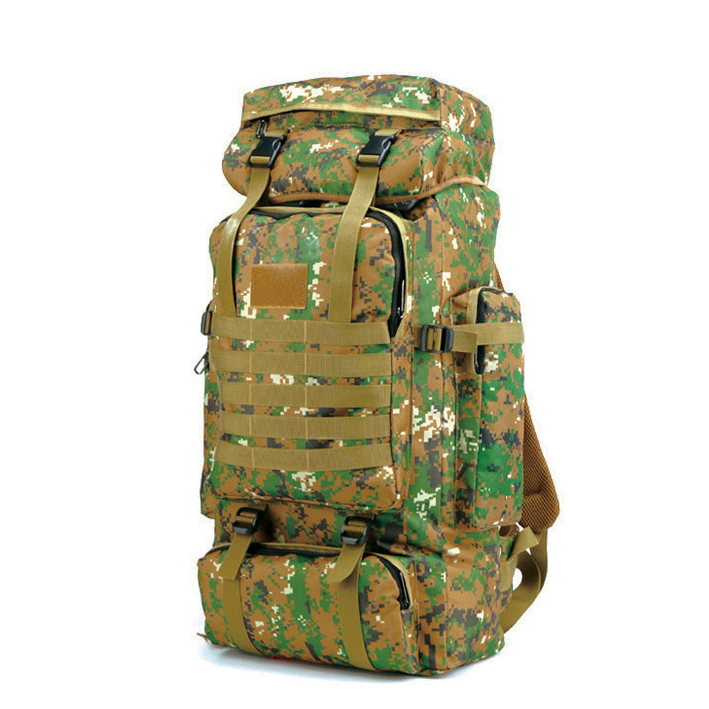 Woodland digital camouflage tactical hiking backpack angle view on white background