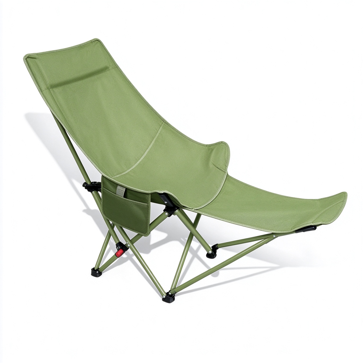 Foldable camping recliner chair in green with detachable footrest and side storage pocket