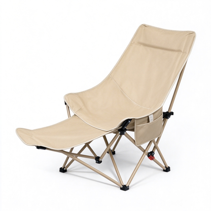 Foldable camping recliner chair in beige with detachable footrest, side storage pocket, and carbon steel frame