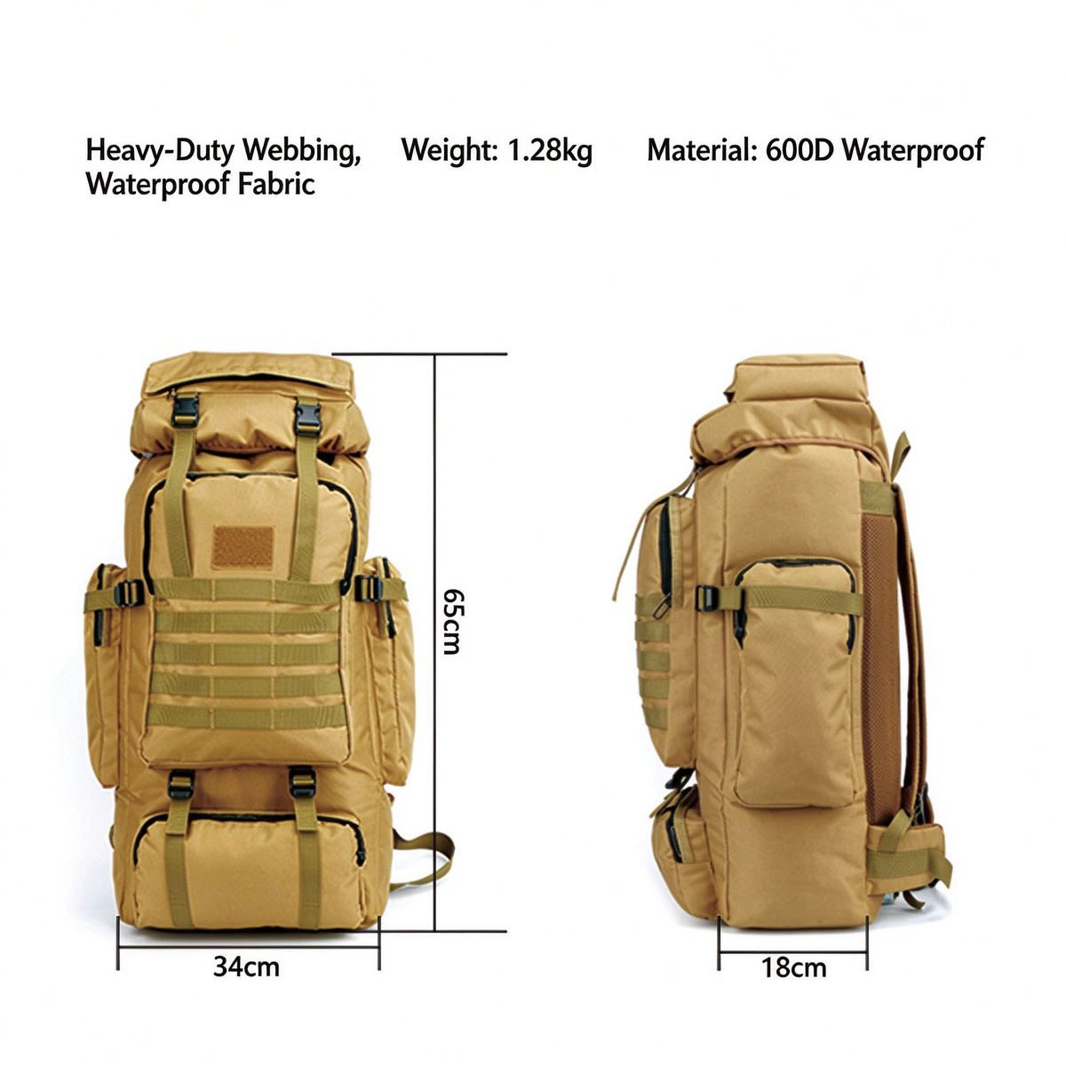 Dimension diagram of hiking backpack showing 65cm height, 34cm width, and 18cm depth with 1.28kg weight
