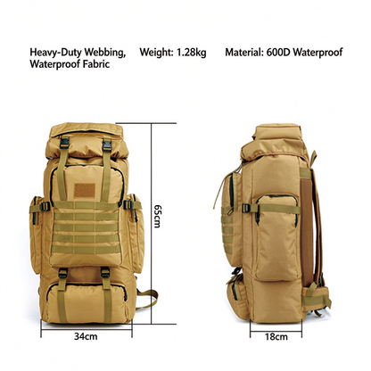 Dimension diagram of hiking backpack showing 65cm height, 34cm width, and 18cm depth with 1.28kg weight