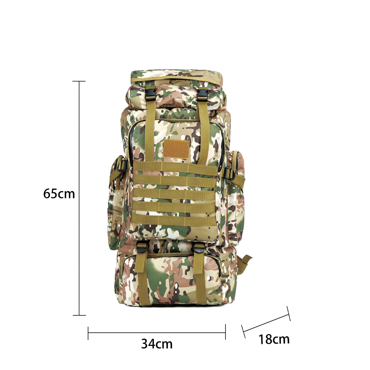 Jungle camouflage tactical hiking backpack front view with dimension measurements 65x34x18cm
