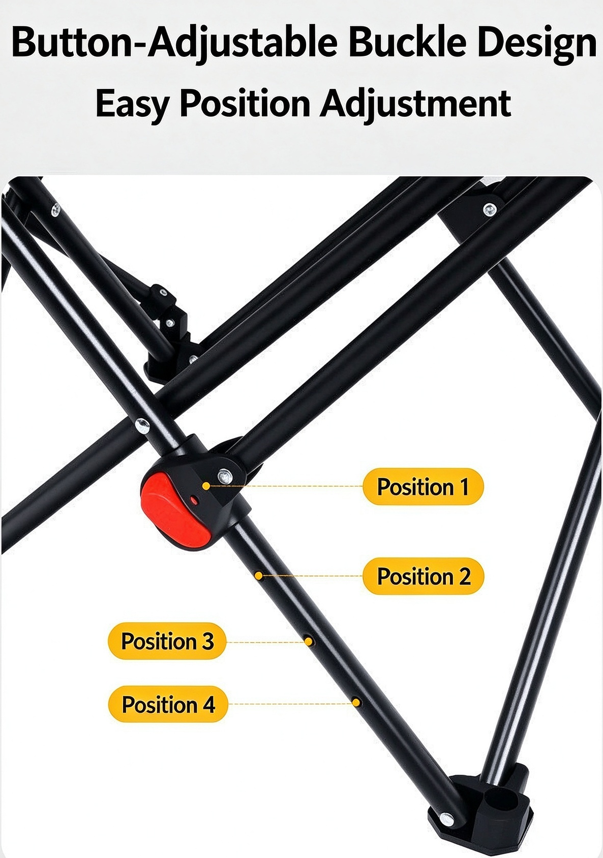 Button-adjustable buckle mechanism with 4 reclining angle positions on the folding recliner chair frame