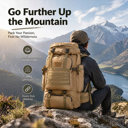 Backpacker sitting on mountain summit wearing khaki 56-75L tactical hiking backpack with 600D waterproof fabric