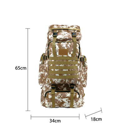 Desert camouflage tactical hiking backpack front view with dimension measurements 65x34x18cm