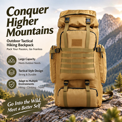 Khaki outdoor tactical hiking backpack standing upright against mountain landscape showcasing large capacity
