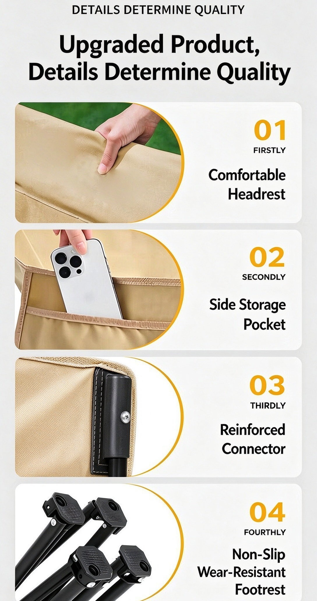 Detailed features of the camping recliner including headrest, phone storage pocket, reinforced connectors, and non-slip feet