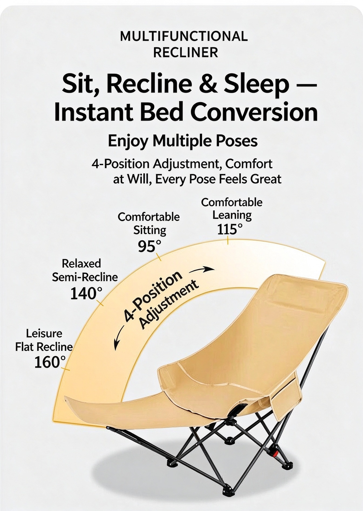 Multifunctional folding recliner angle adjustment diagram from 95-degree sitting to 160-degree flat recline