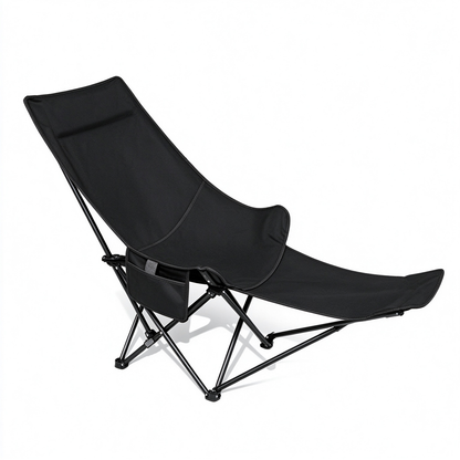 Foldable camping recliner chair in black with detachable footrest and side storage pocket