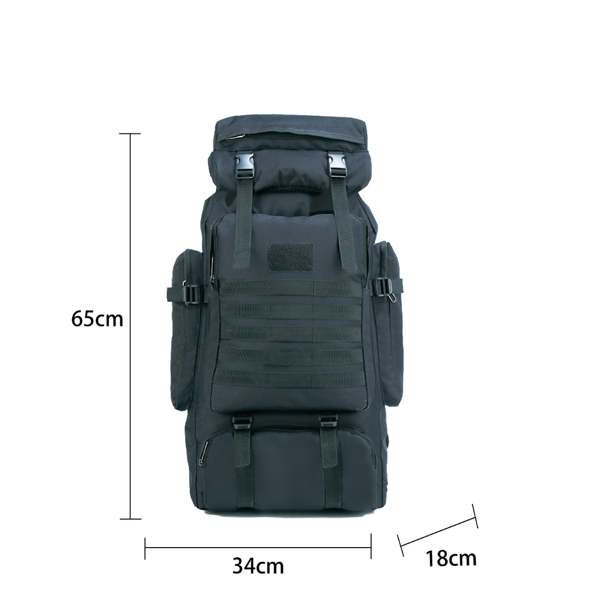 Black tactical hiking backpack front view with exterior compartments and dimension measurements 65x34x18cm