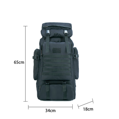 Black tactical hiking backpack front view with exterior compartments and dimension measurements 65x34x18cm