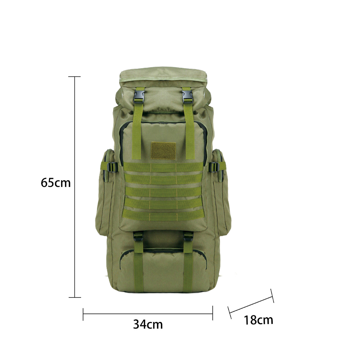 Army green tactical hiking backpack front view with MOLLE straps and dimension measurements 65x34x18cm