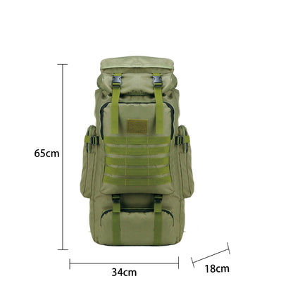 Army green tactical hiking backpack front view with MOLLE straps and dimension measurements 65x34x18cm
