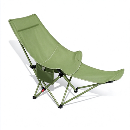 Foldable camping recliner chair in green with detachable footrest and side storage pocket