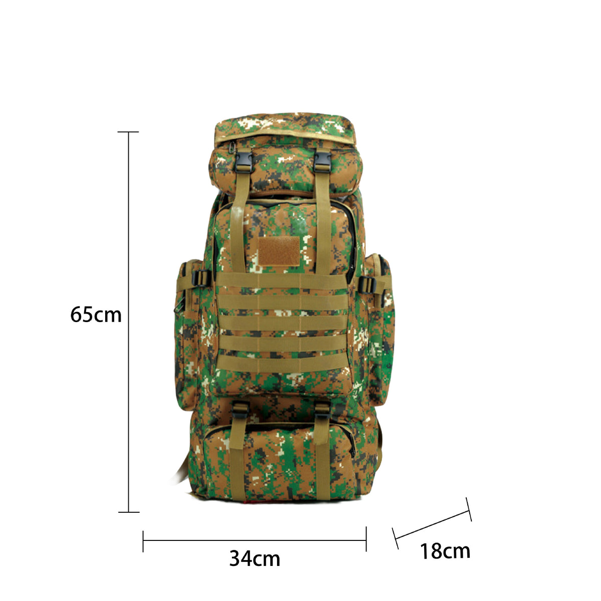 Digital woodland camo tactical hiking backpack front view with dimension measurements 65x34x18cm