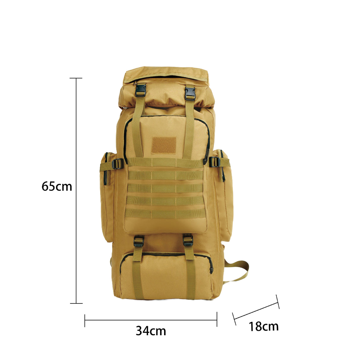 Khaki tactical hiking backpack front view with MOLLE webbing and dimension measurements 65x34x18cm