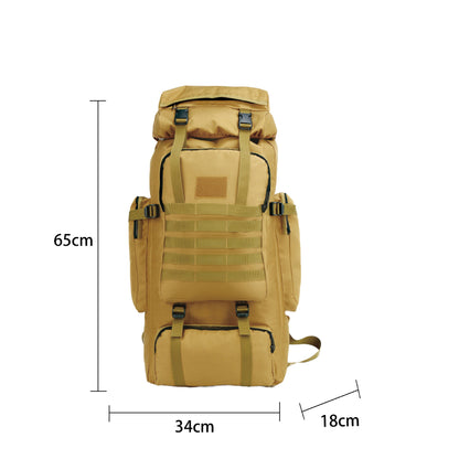 Khaki tactical hiking backpack front view with MOLLE webbing and dimension measurements 65x34x18cm